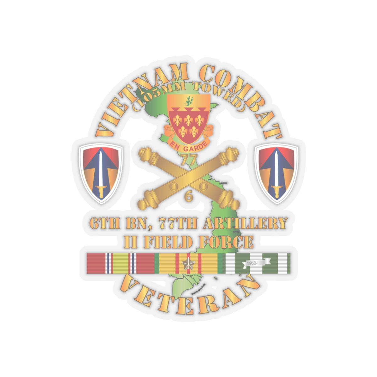 Kiss-Cut Stickers - Army - Vietnam Combat Veteran w 6th Bn 77th Artillery DUI - II Field Force w VN SVC