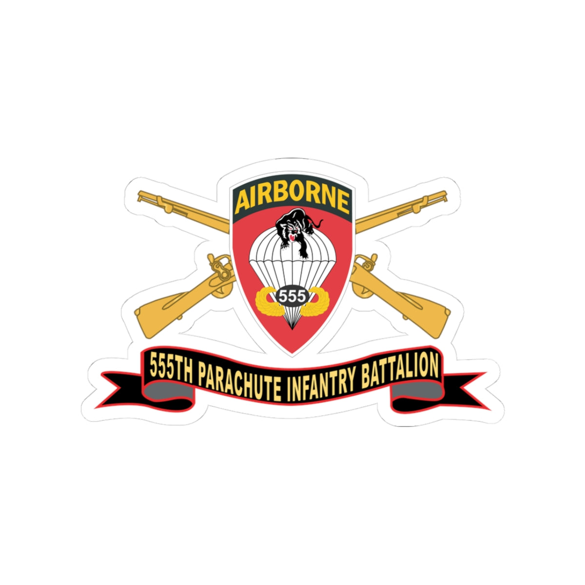 Kiss-Cut Stickers - Army - 555th Parachute Infantry Battalion - SSI - Black - Red w Br - Ribbon