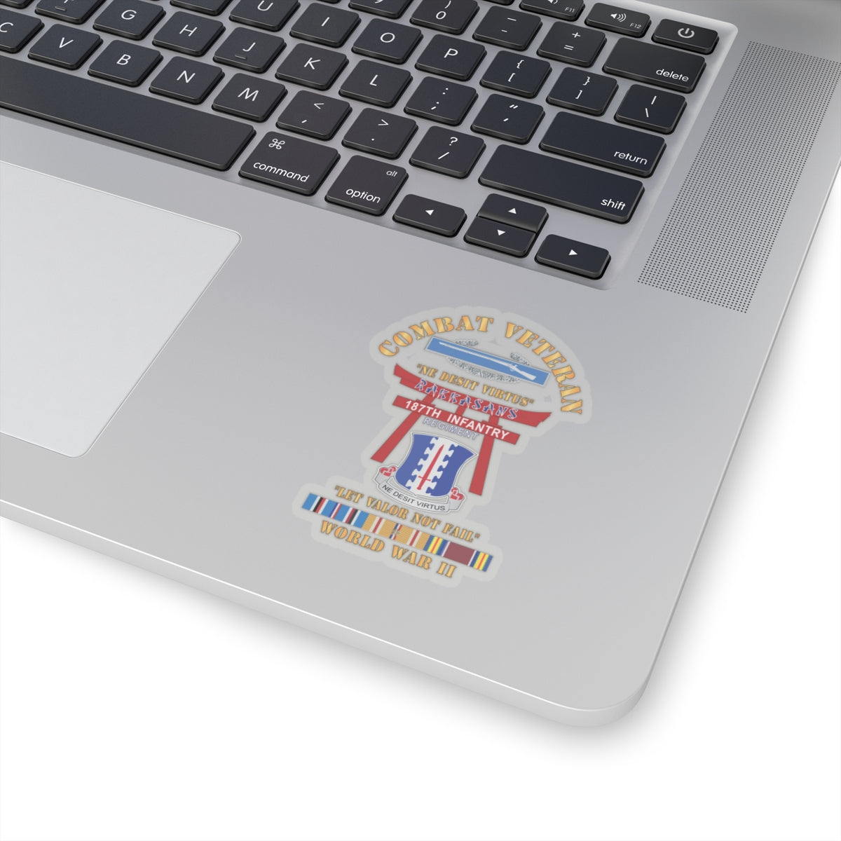 Kiss-Cut Stickers - Army - Combat Veteran - 187th Infantry Regiment - Torii, Rakkasans, Let Valor Not Fail, English, Latin w CIB w WWII PAC SVC