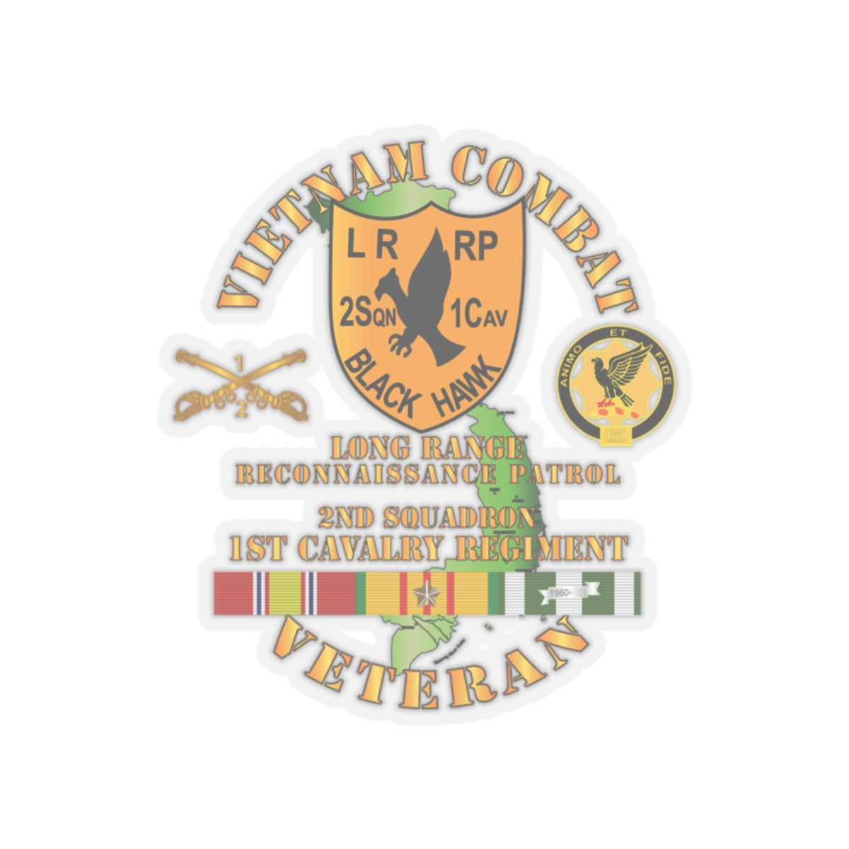 Kiss-Cut Stickers - Army - Vietnam Combat Veteran - 2nd Squadron, 1st Cav Regt  LRRP - Black Hawk w VN SVC