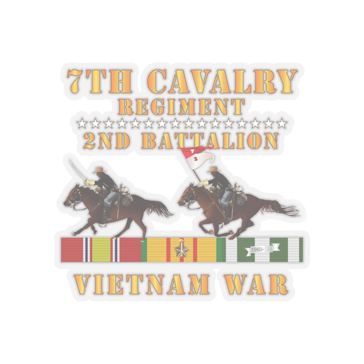Kiss-Cut Stickers - Army - 2nd Battalion,  7th Cavalry Regiment - Vietnam War wt 2 Cav Riders and VN SVC X300