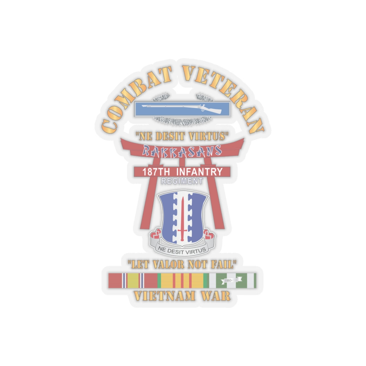 Kiss-Cut Stickers - Army - Combat Veteran - 187th Infantry Regiment - Torii, Rakkasans, Let Valor Not Fail, English, Latin w CIB w VN SVC X 300