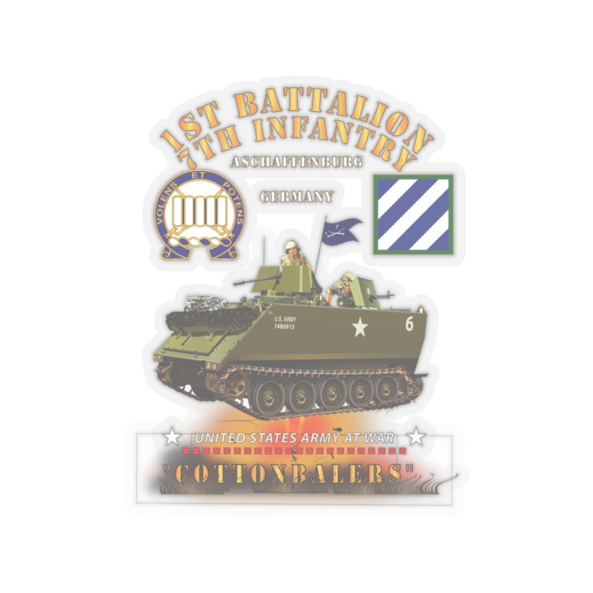 Kiss-Cut Stickers - Army - 1st Bn 7th Infantry - Aschaffenburg FRG - M113 APC  - CottonBalers X 300