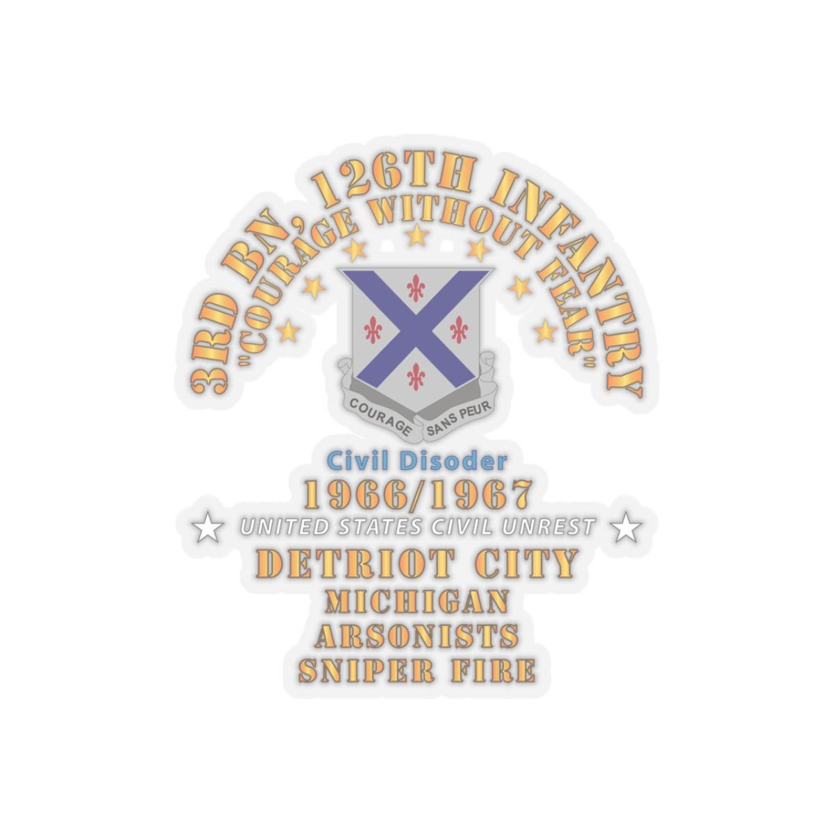 Kiss-Cut Stickers - Army - 3rd Bn 126th Infantry Detroit City MI - Arson - Sniper 1966 - 1967 - Civil Disorder