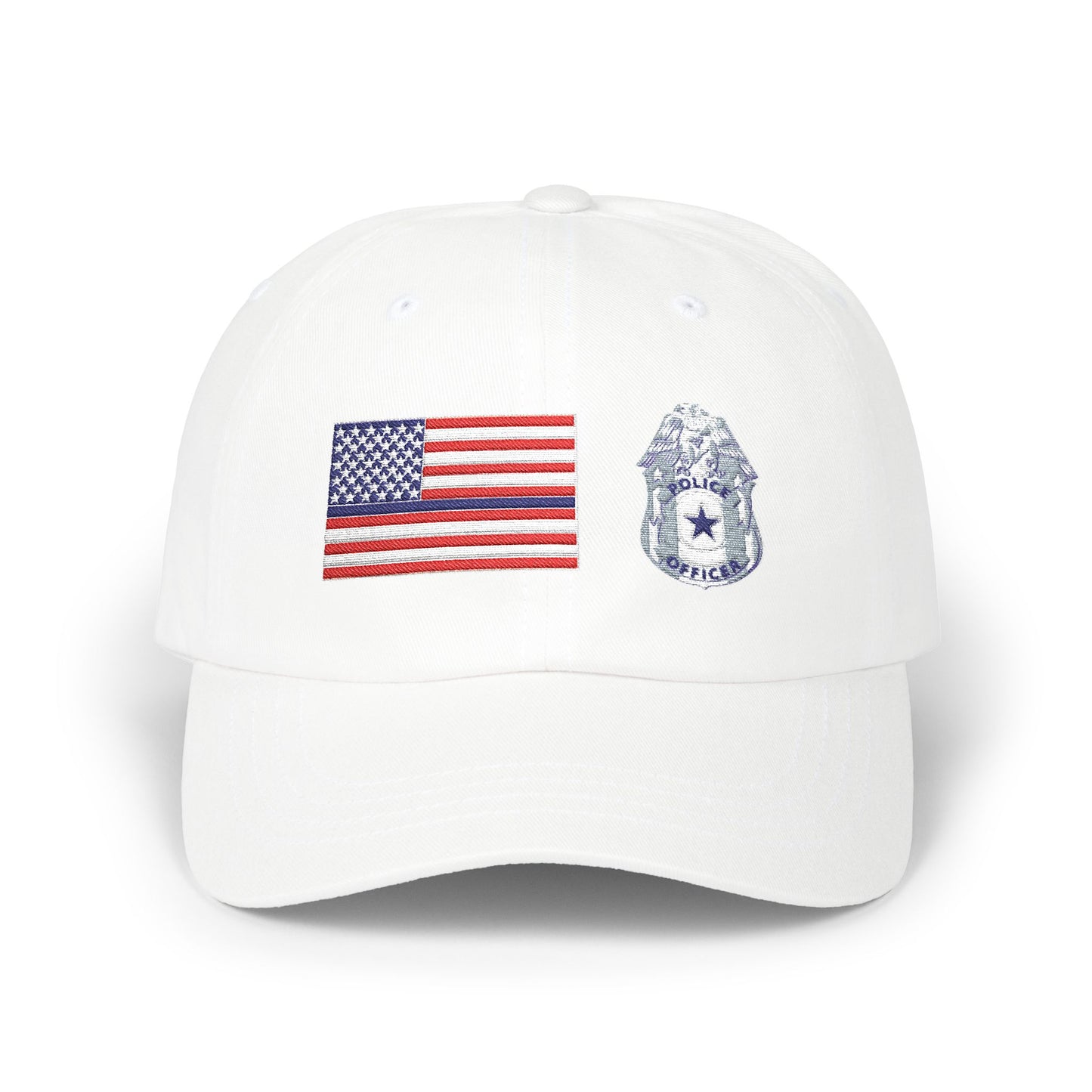 Hat - Classic Dad Cap American Flag with Police Blue Stripe and Badge