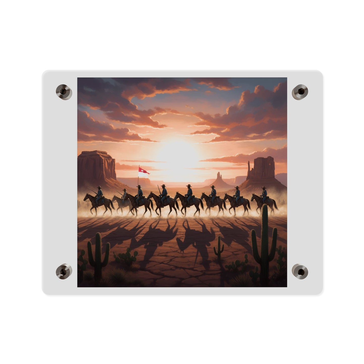 Acrylic Wall Art Panel - 10th Cavalry on Patrol in the sunset w 10th Cav Guidon