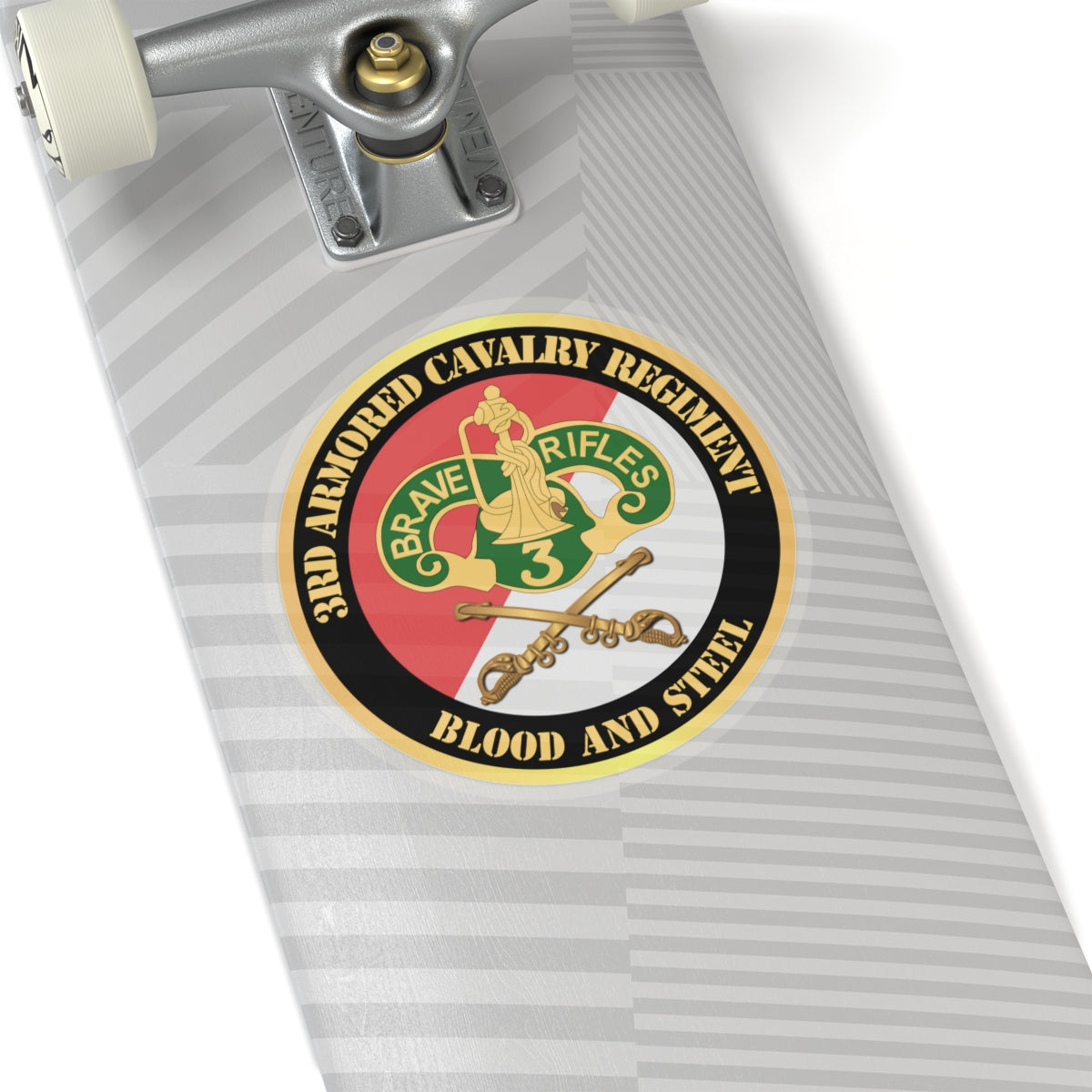 Blood and Steel 3rd Armored Cavalry Regiment commemorative sticker on a skateboard