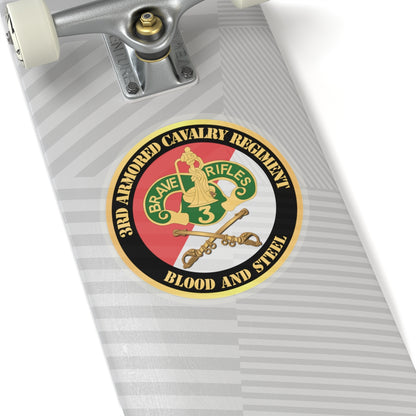 Blood and Steel 3rd Armored Cavalry Regiment commemorative sticker on a skateboard
