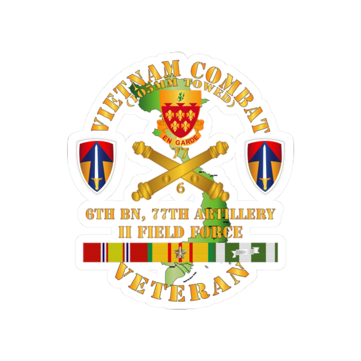 Kiss-Cut Stickers - Army - Vietnam Combat Veteran w 6th Bn 77th Artillery DUI - II Field Force w VN SVC
