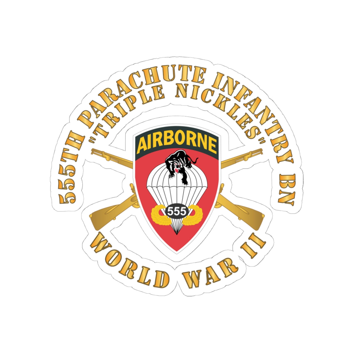 Kiss-Cut Stickers - Army - 555th Infantry Parachute Bn SSI - Triple Nickles - WWII w Br