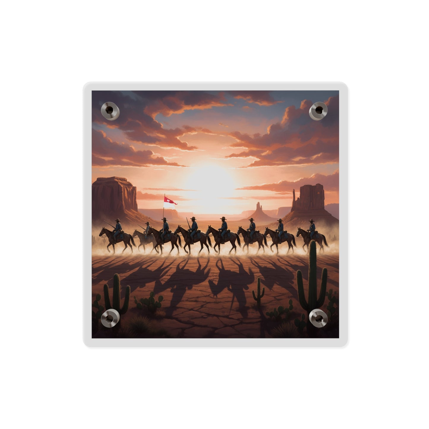 Acrylic Wall Art Panel - 10th Cavalry on Patrol in the sunset w 10th Cav Guidon