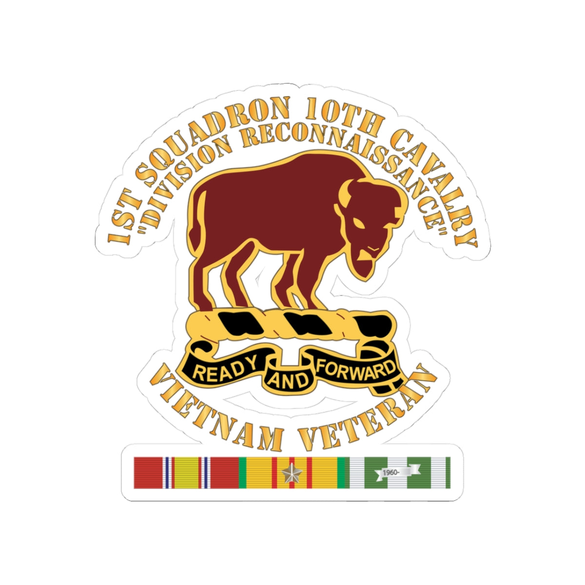 Kiss-Cut Stickers - Army - 1st Squadron, 10th Cavalry w SVC Ribbon X 300