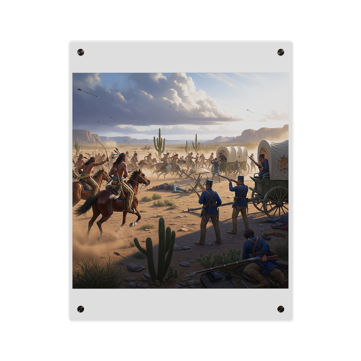 Acrylic Wall Art Panel - Apache Indians attacking a US Army defending a wagon train