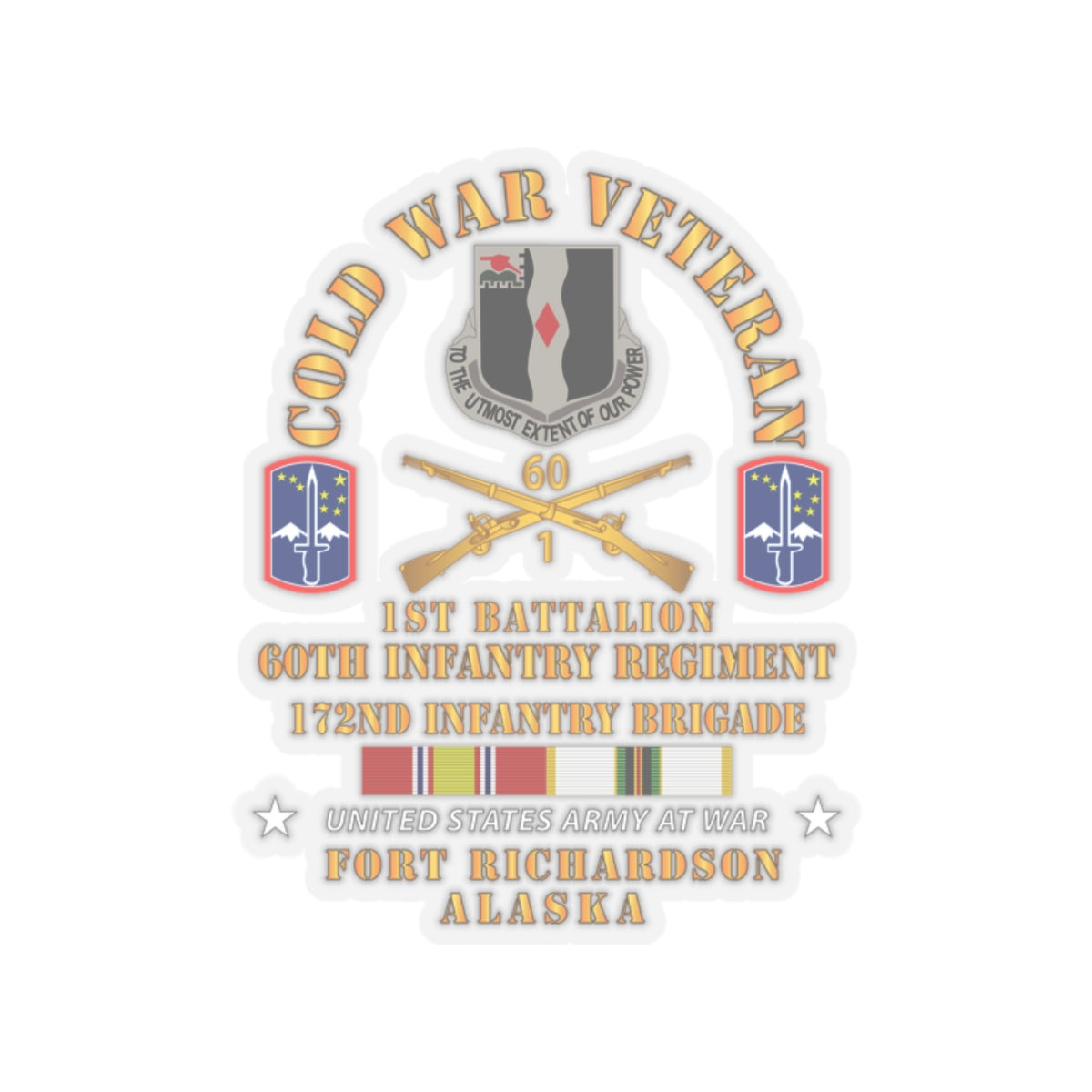 Kiss-Cut Stickers - Army - Cold War Vet - 1st Bn, 60th Inf - 172nd In Bde - Ft Richardson AK w COLD SVC X 300