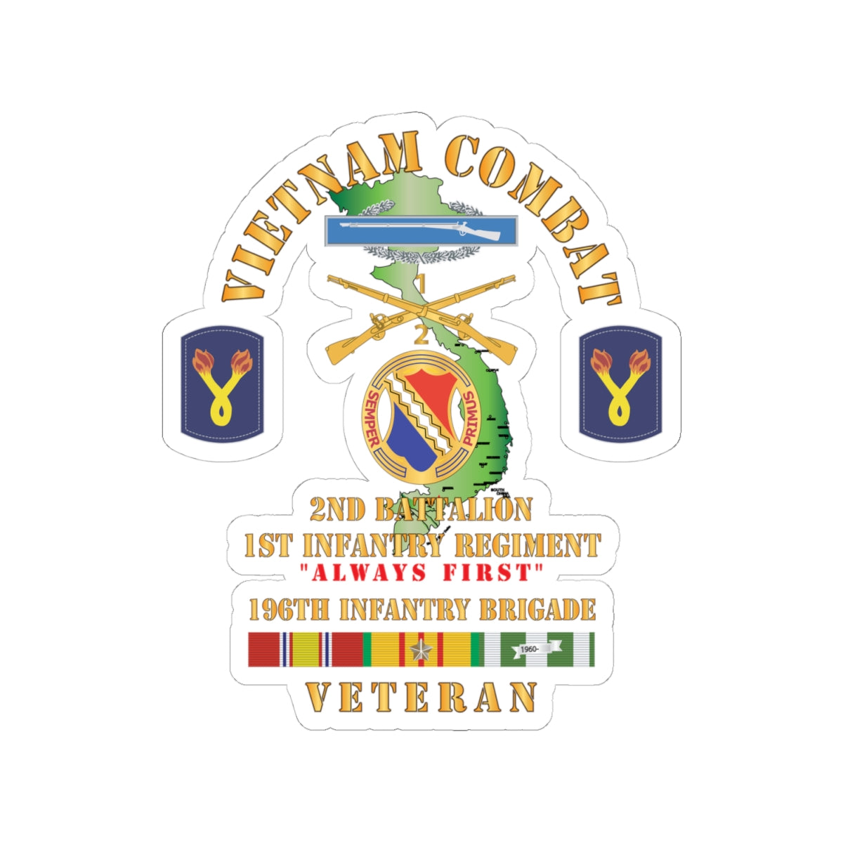 Kiss-Cut Stickers - Army - Vietnam Combat Veteran w 2nd Bn 1st Inf Regt - Always First w DUI - CIB - 196th Inf Bde X 300