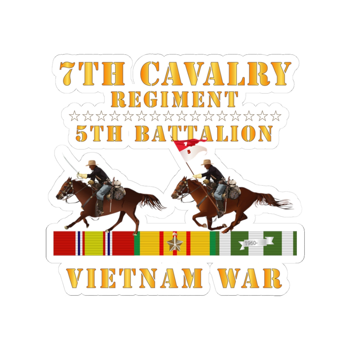 Kiss-Cut Stickers - Army - 5th Battalion,  7th Cavalry Regiment - Vietnam War wt 2 Cav Riders and VN SVC X300