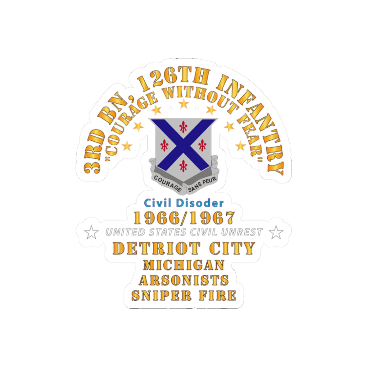 Kiss-Cut Stickers - Army - 3rd Bn 126th Infantry Detroit City MI - Arson - Sniper 1966 - 1967 - Civil Disorder