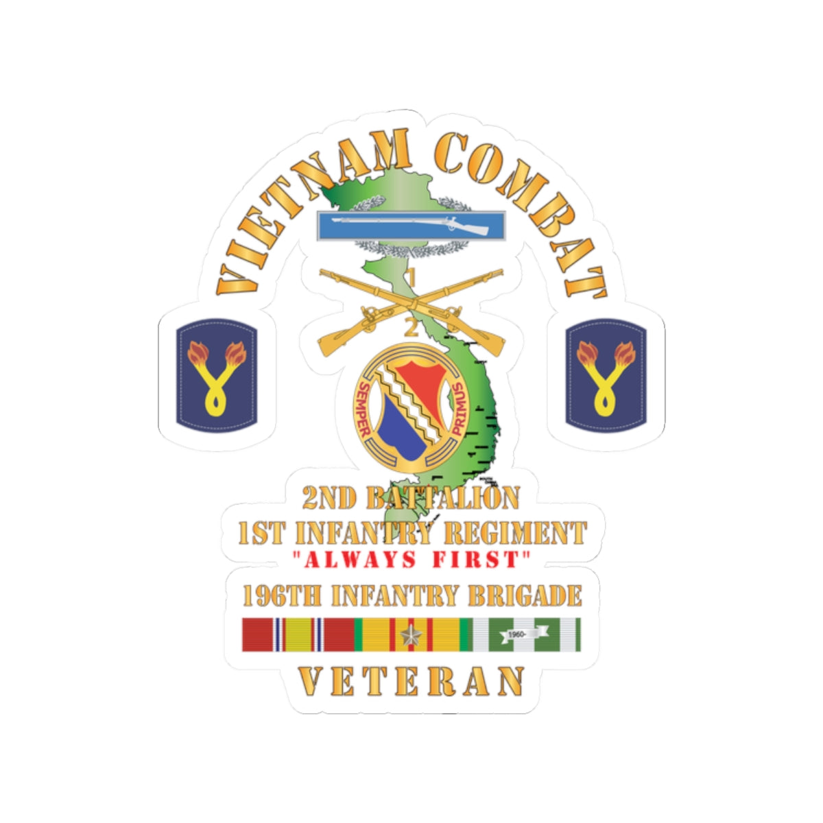 Kiss-Cut Stickers - Army - Vietnam Combat Veteran w 2nd Bn 1st Inf Regt - Always First w DUI - CIB - 196th Inf Bde X 300