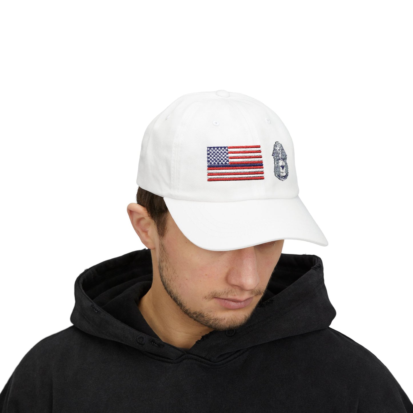 Hat - Classic Dad Cap American Flag with Police Blue Stripe and Badge