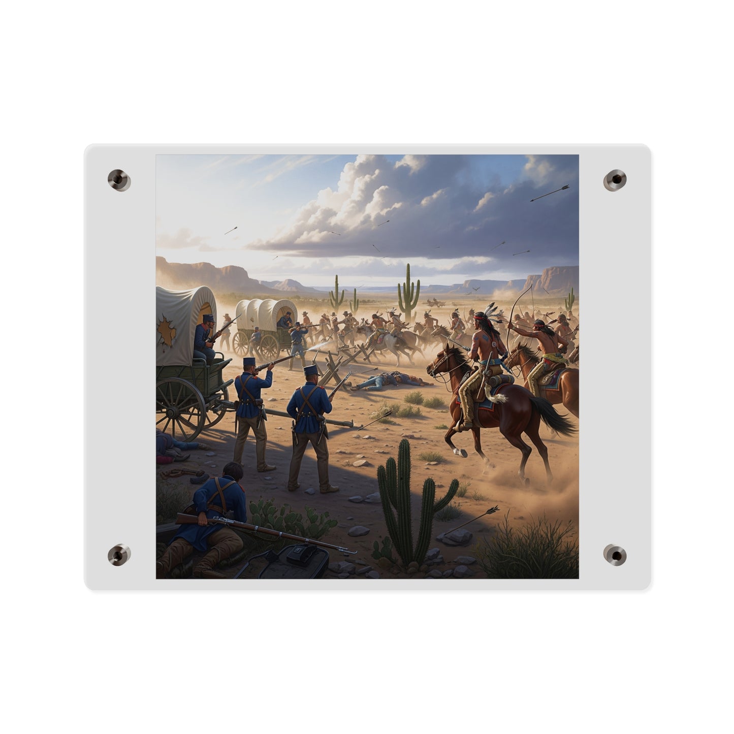 Acrylic Wall Art Panel - Apache Indians attacking a US Army defending a wagon train