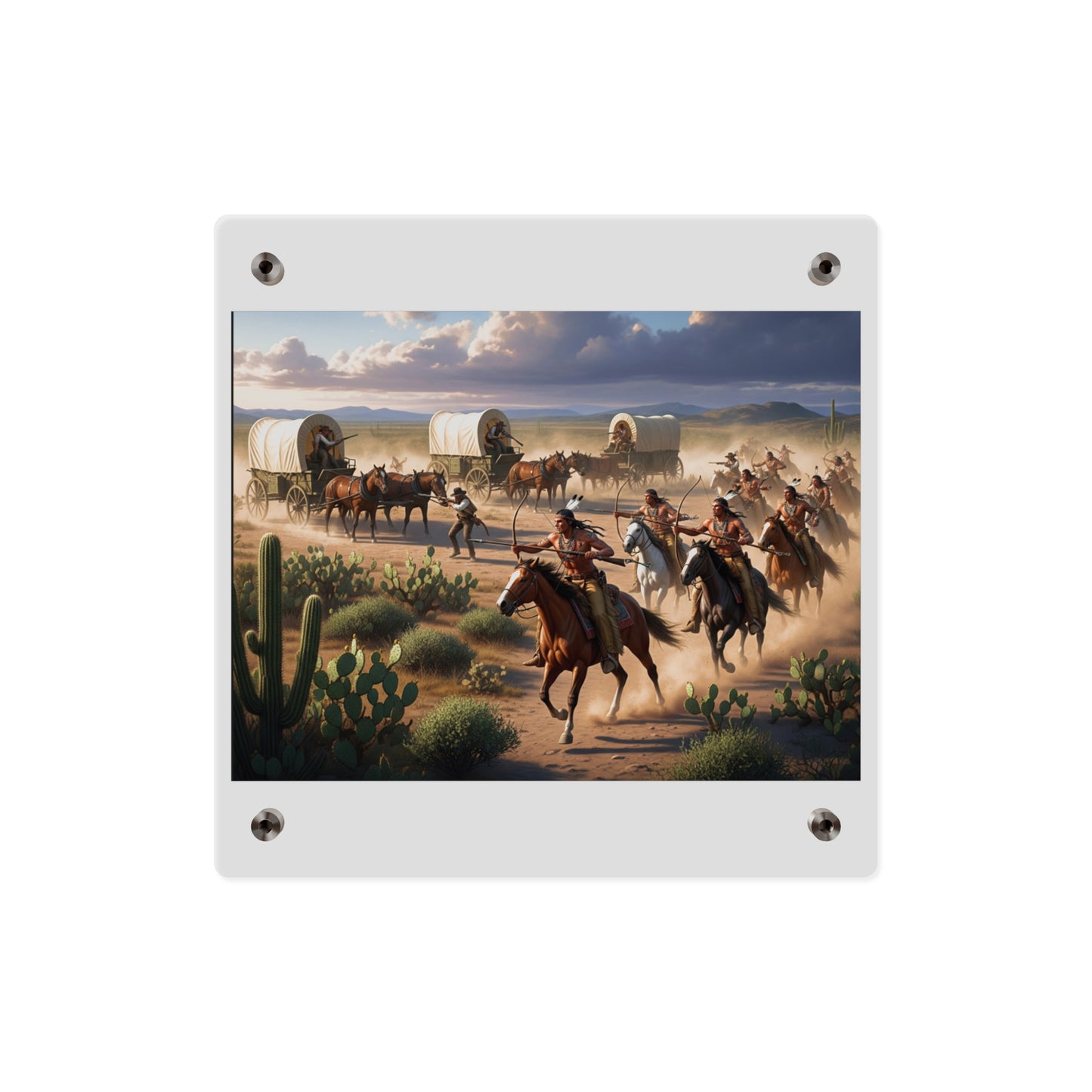 Acrylic Wall Art Panel - Apache Indians attacking a wagon train