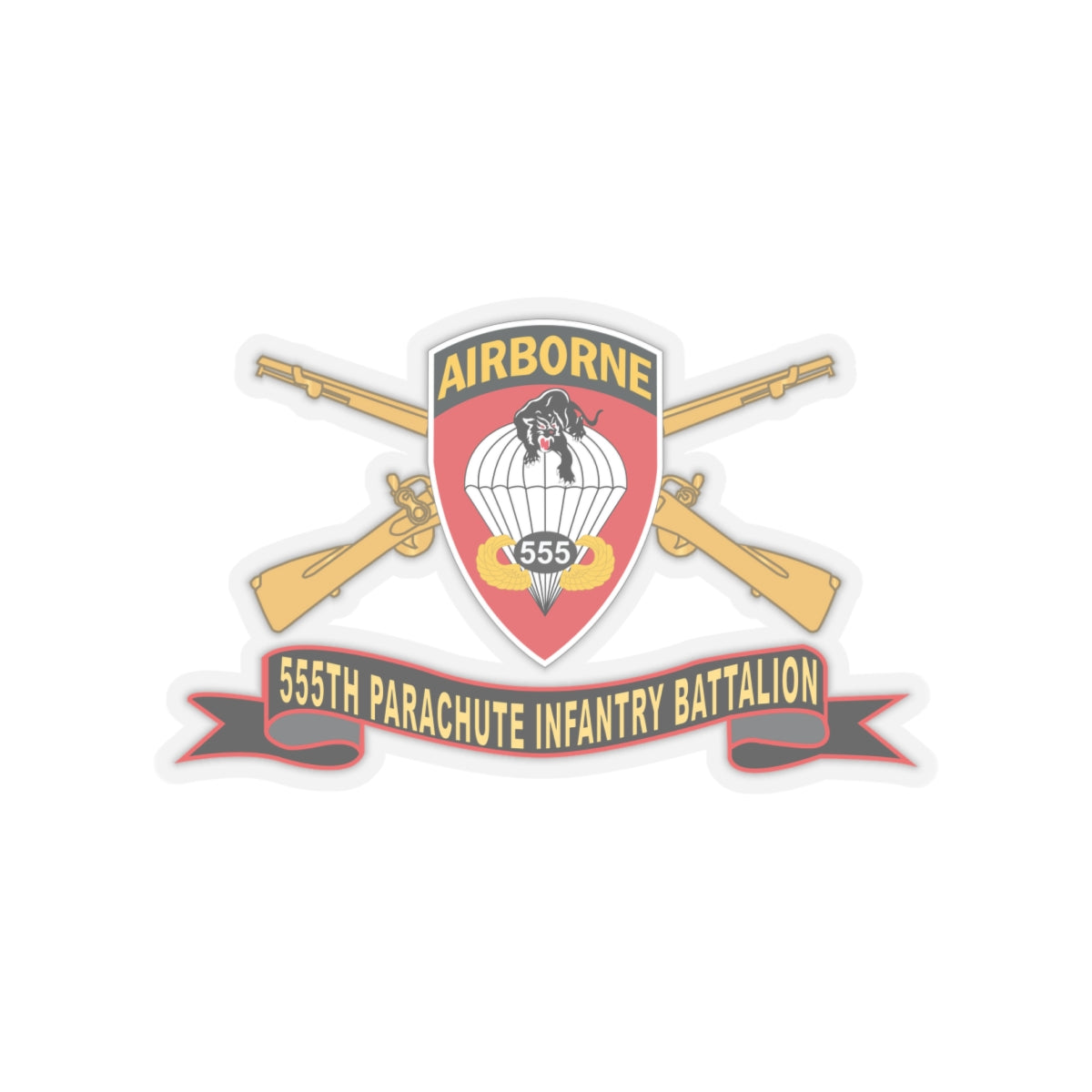 Kiss-Cut Stickers - Army - 555th Parachute Infantry Battalion - SSI - Black - Red w Br - Ribbon