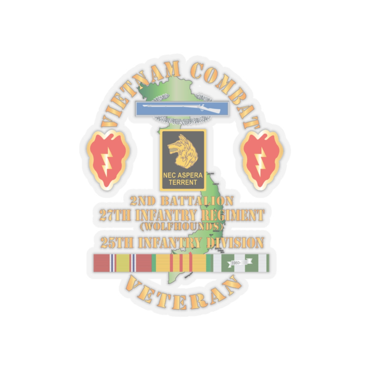 Kiss-Cut Stickers - Army - Vietnam Combat Infantry Veteran w 2nd Bn 27th Inf - Wolfhounds - 25th ID SSI X 300