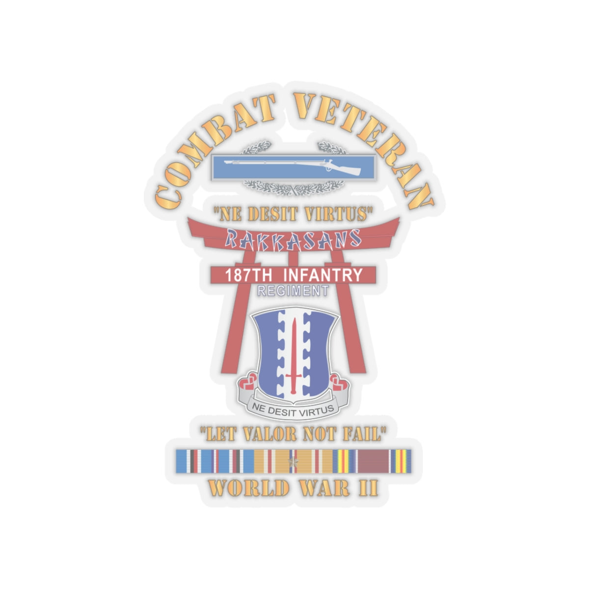 Kiss-Cut Stickers - Army - Combat Veteran - 187th Infantry Regiment - Torii, Rakkasans, Let Valor Not Fail, English, Latin w CIB w WWII PAC SVC