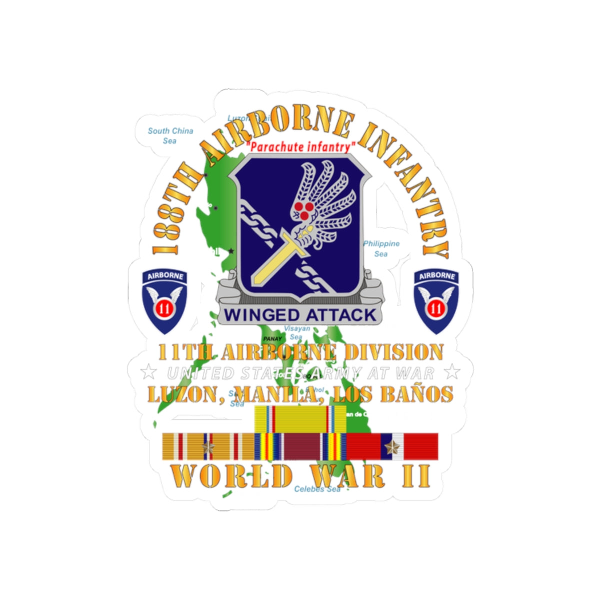 Kiss-Cut Stickers - Army - 188th Airborne Infantry - The Philippines - WWII w PAC SVC X 300