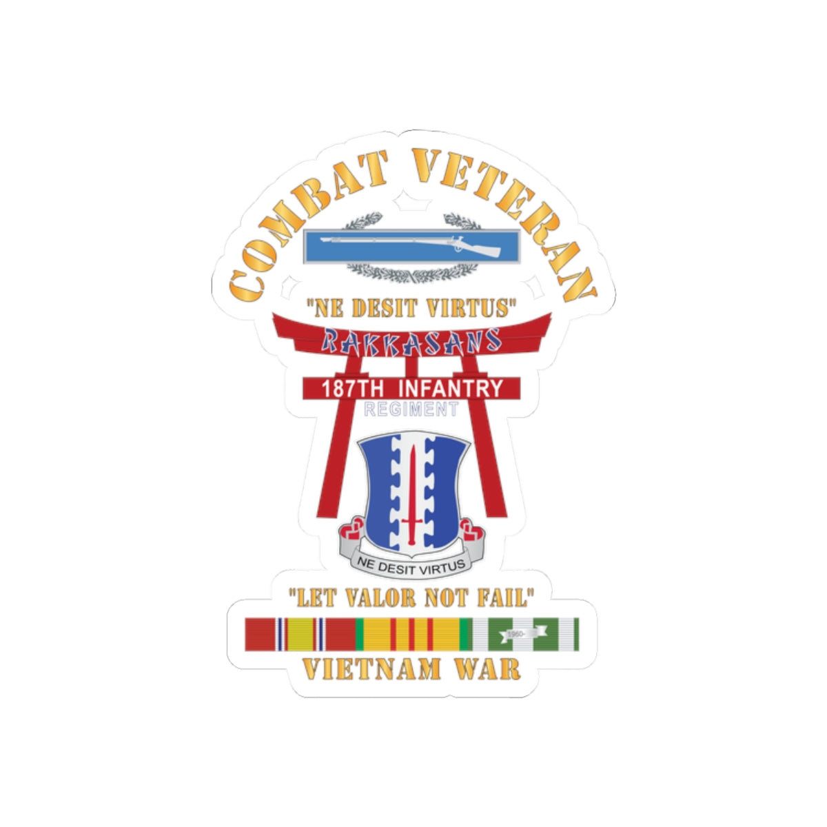 Kiss-Cut Stickers - Army - Combat Veteran - 187th Infantry Regiment - Torii, Rakkasans, Let Valor Not Fail, English, Latin w CIB w VN SVC X 300