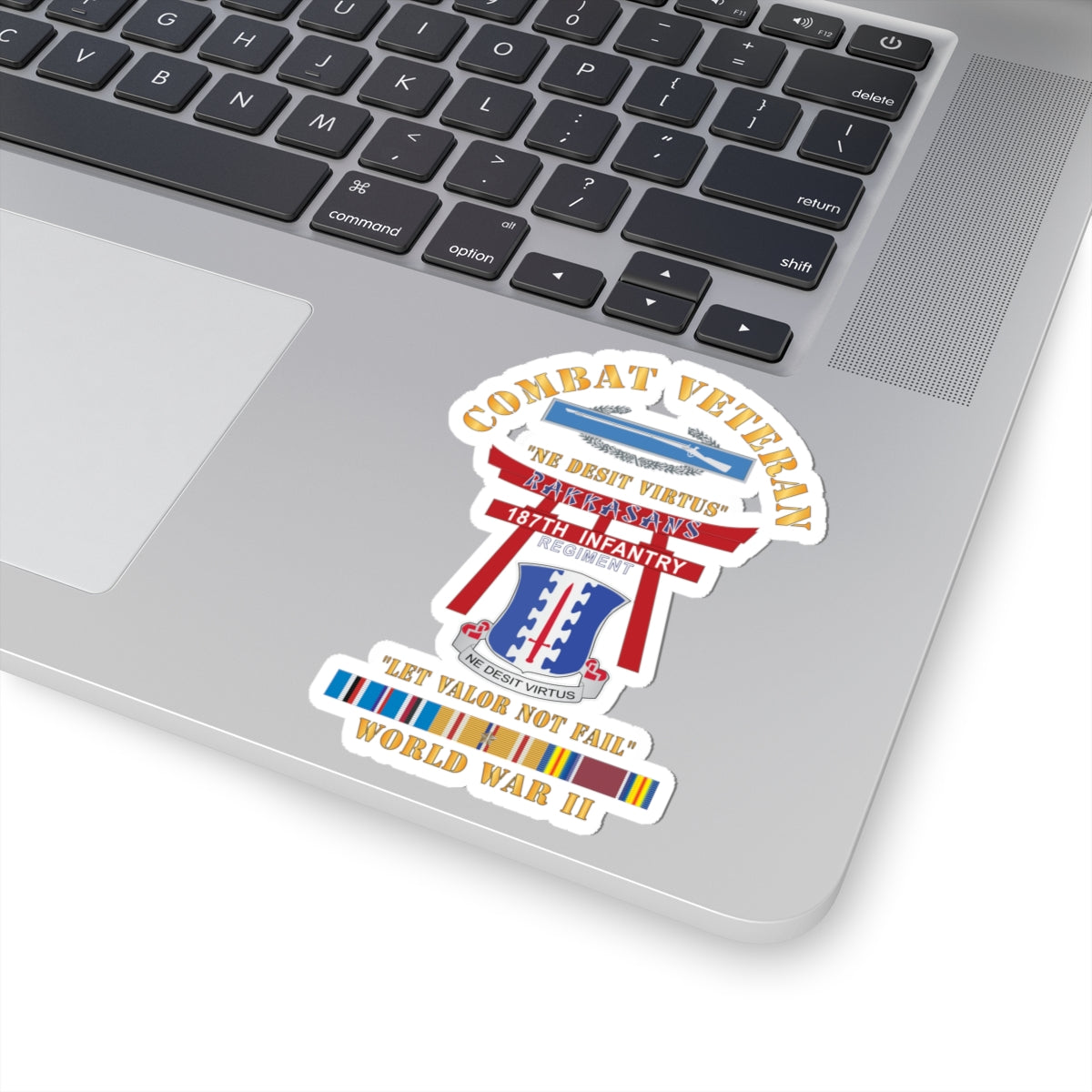 Kiss-Cut Stickers - Army - Combat Veteran - 187th Infantry Regiment - Torii, Rakkasans, Let Valor Not Fail, English, Latin w CIB w WWII PAC SVC