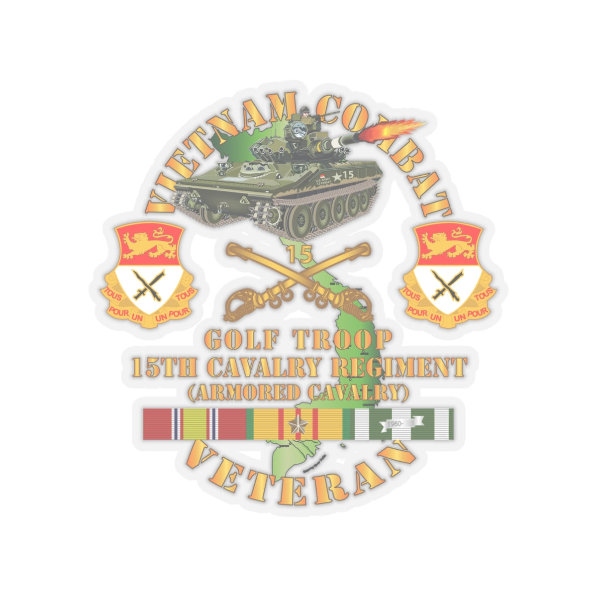 Kiss-Cut Stickers - Army - Vietnam Combat Veteran w  15th Cavalry Regiment - Armored Cav w VN SVC