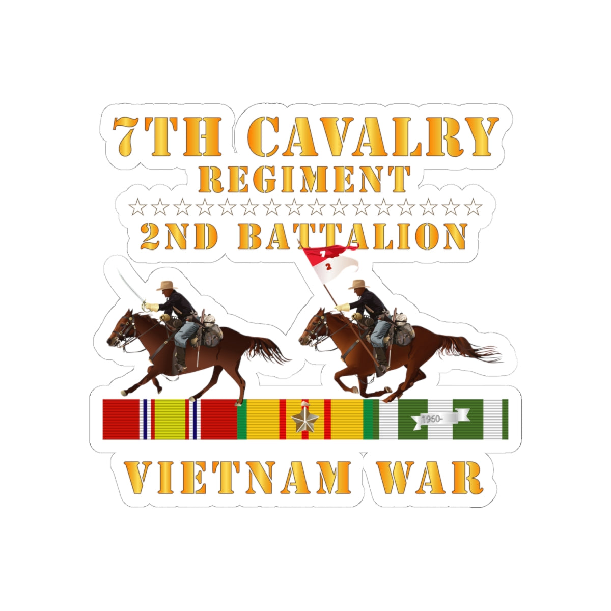 Kiss-Cut Stickers - Army - 2nd Battalion,  7th Cavalry Regiment - Vietnam War wt 2 Cav Riders and VN SVC X300
