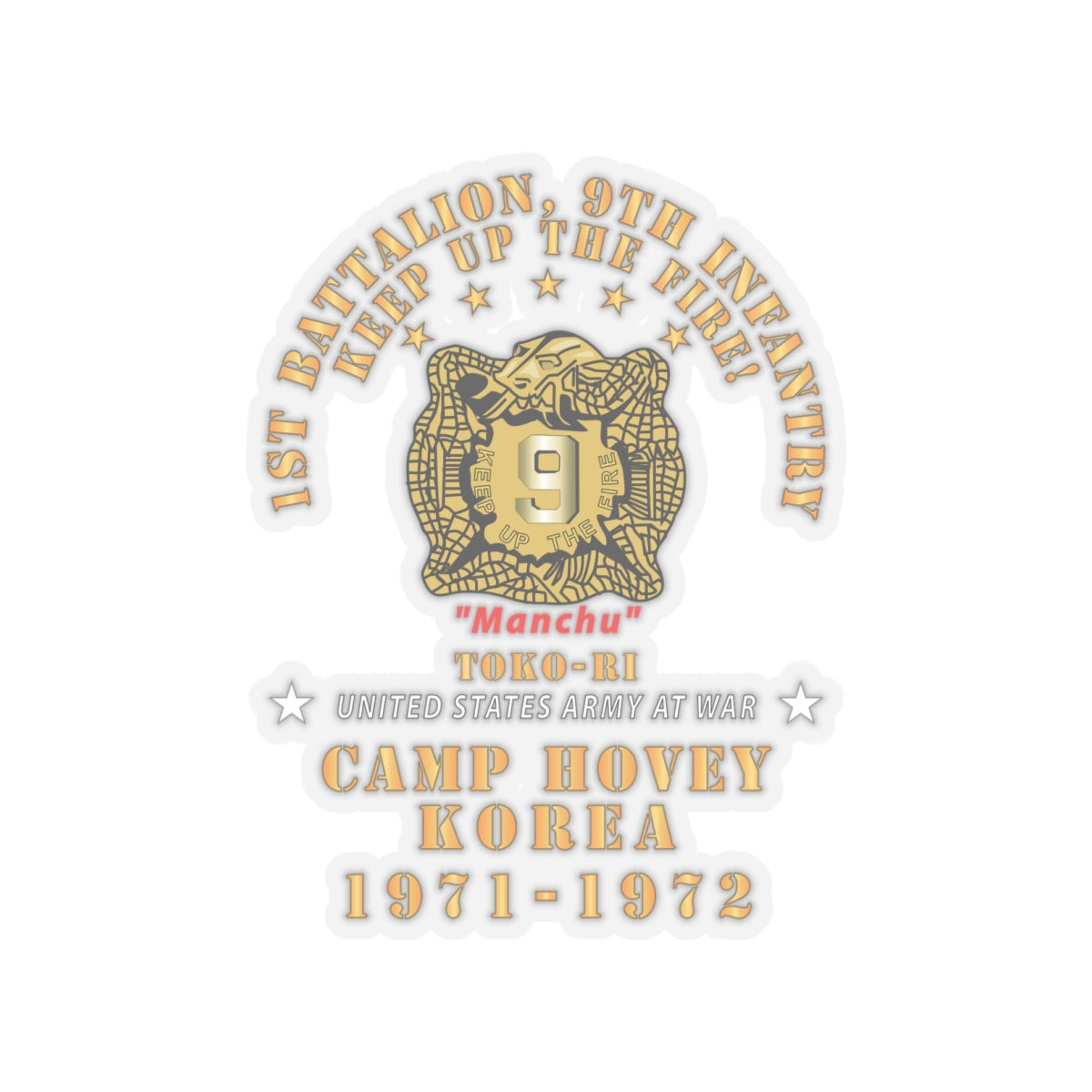 Kiss-Cut Stickers - Army - 1st Battalion, 9th Infantry - Manchus - Keep Up the Fire - Camp Hovey Korea - Toko-ri X 300