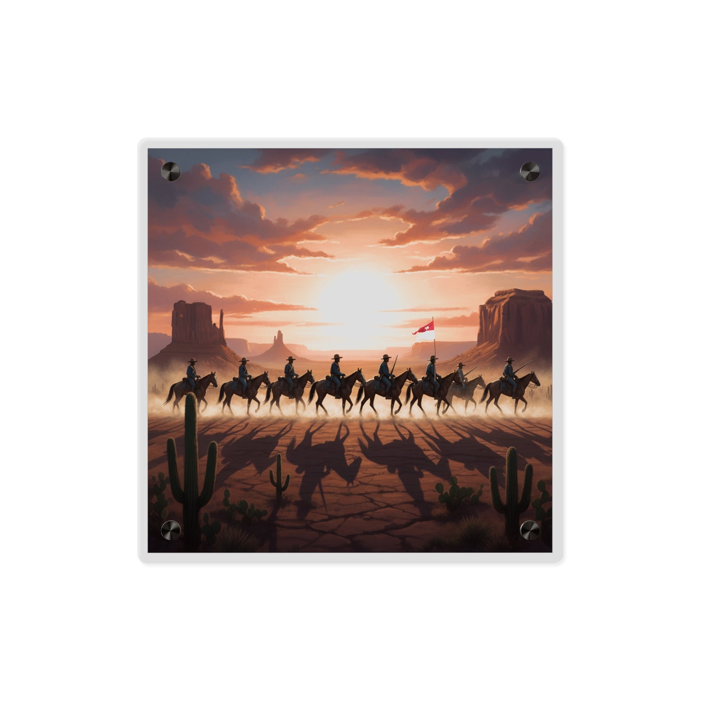 Acrylic Wall Art Panel - 10th Cavalry on Patrol in the sunset w 10th Cav Guidon