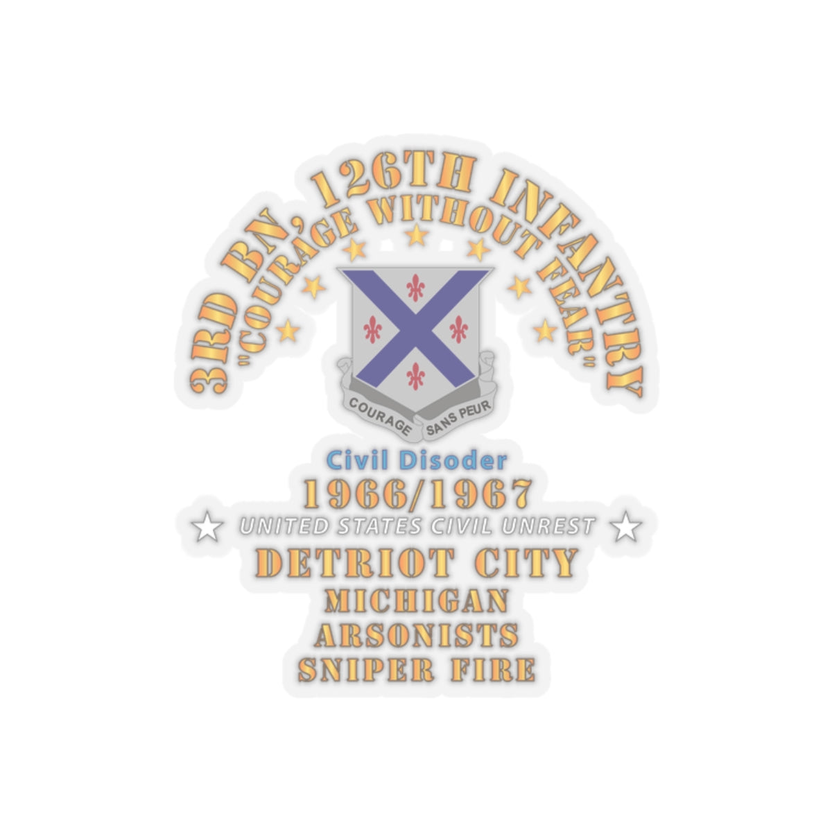 Kiss-Cut Stickers - Army - 3rd Bn 126th Infantry Detroit City MI - Arson - Sniper 1966 - 1967 - Civil Disorder