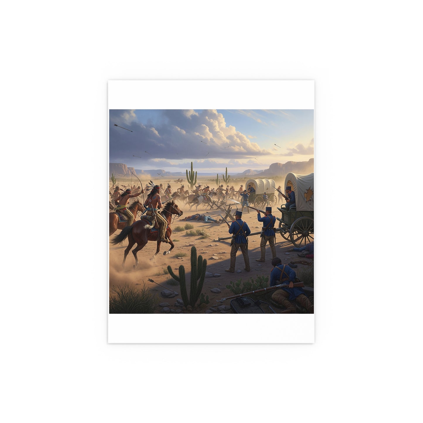 Indoor and Outdoor Silk Posters - Apache Indians attacking a US Army defending a wagon train