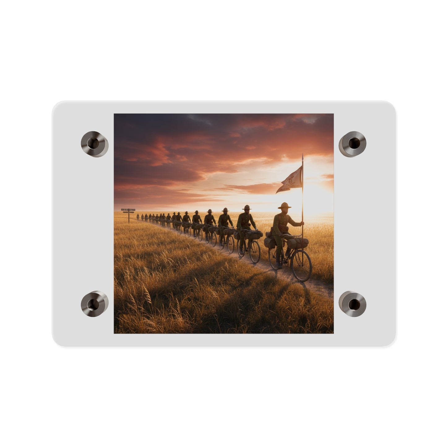 Acrylic Wall Art Panel - E Company 25th Infantry Buffalo Soldiers Bicycle Corps with Guidon on the Prairie at Sunset