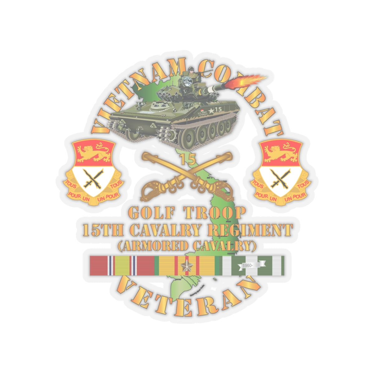 Kiss-Cut Stickers - Army - Vietnam Combat Veteran w  15th Cavalry Regiment - Armored Cav w VN SVC