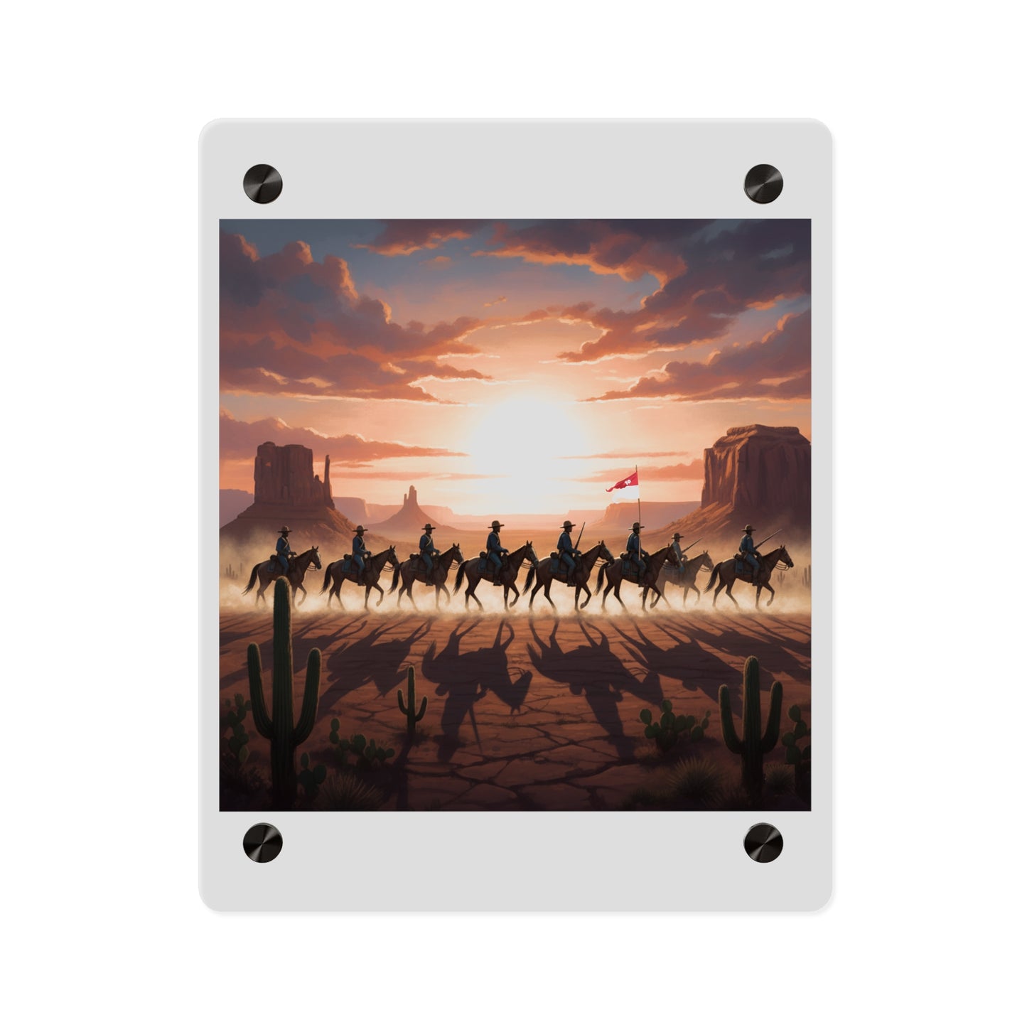 Acrylic Wall Art Panel - 10th Cavalry on Patrol in the sunset w 10th Cav Guidon
