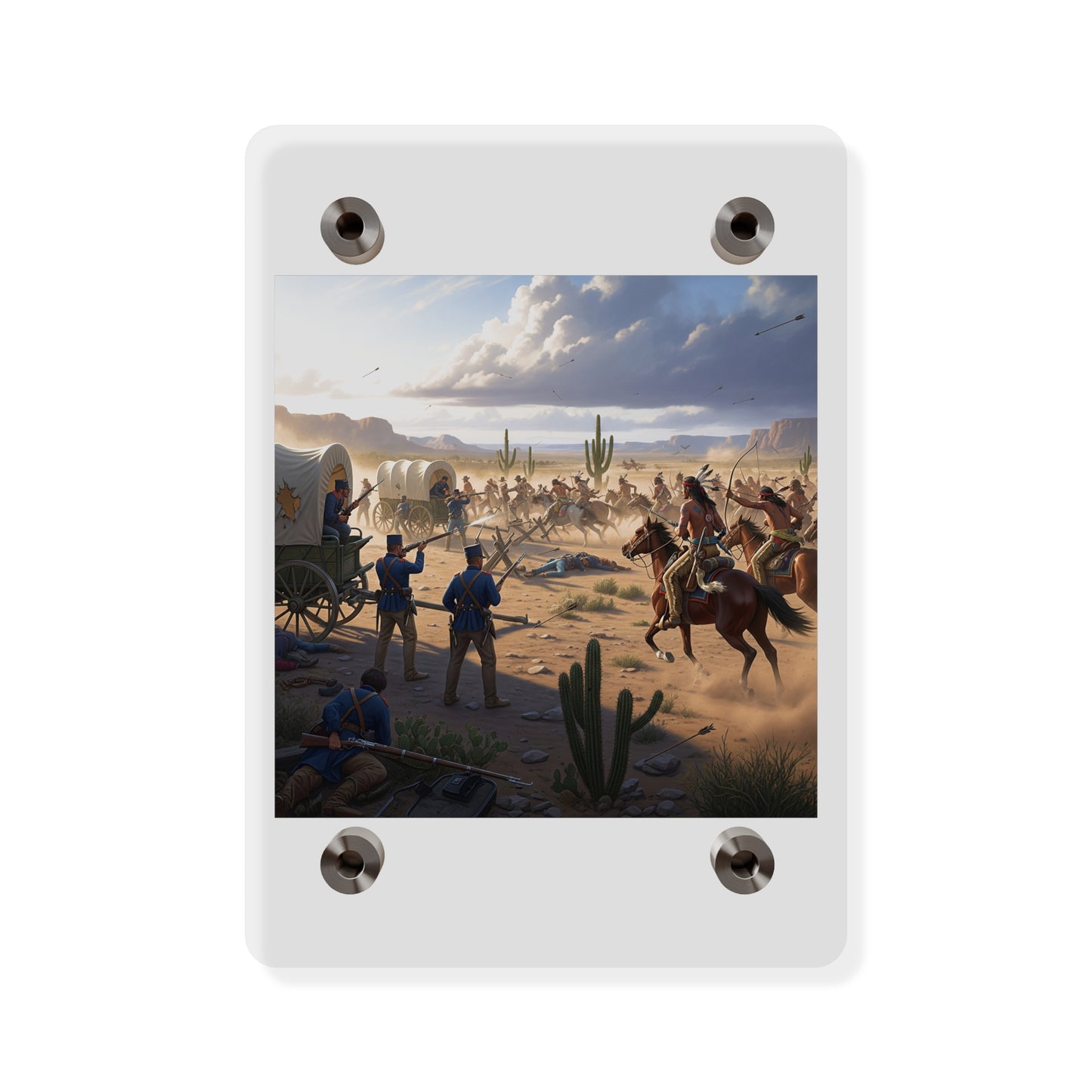 Acrylic Wall Art Panel - Apache Indians attacking a US Army defending a wagon train