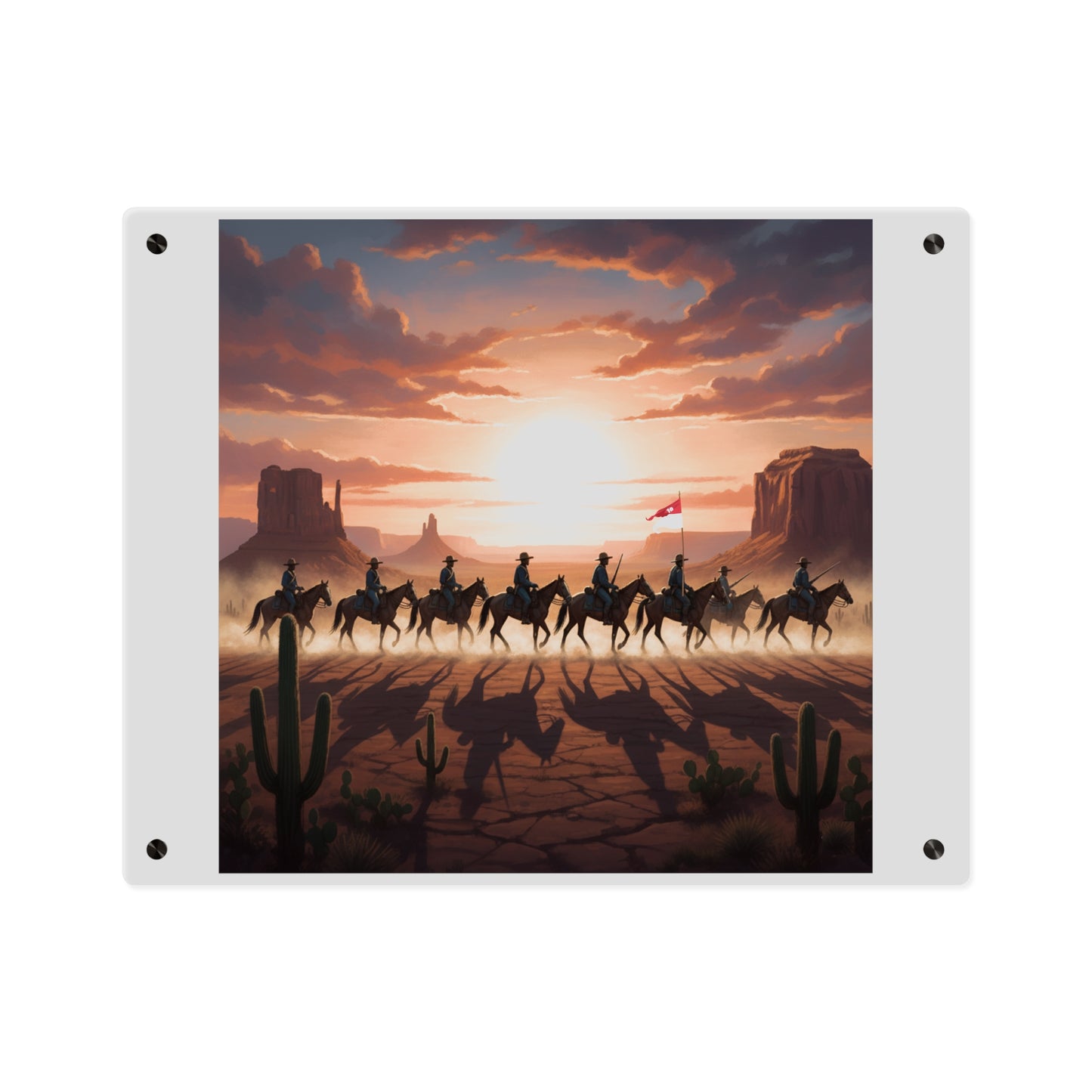 Acrylic Wall Art Panel - 10th Cavalry on Patrol in the sunset w 10th Cav Guidon