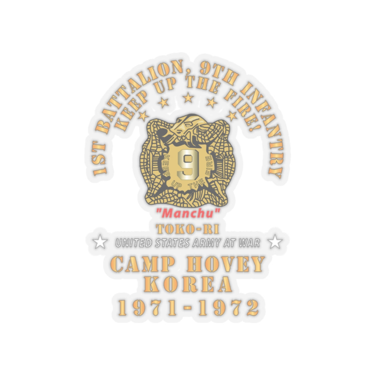 Kiss-Cut Stickers - Army - 1st Battalion, 9th Infantry - Manchus - Keep Up the Fire - Camp Hovey Korea - Toko-ri X 300