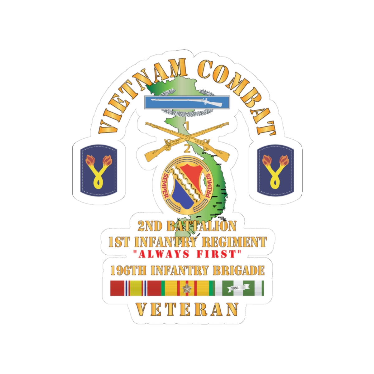 Kiss-Cut Stickers - Army - Vietnam Combat Veteran w 2nd Bn 1st Inf Regt - Always First w DUI - CIB - 196th Inf Bde X 300