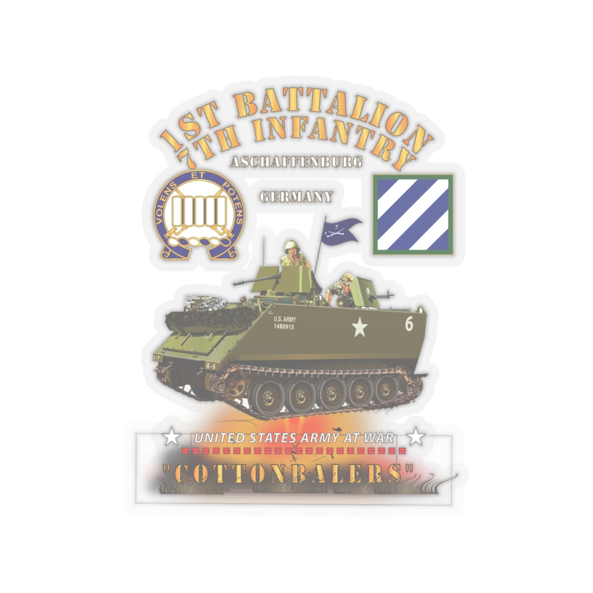 Kiss-Cut Stickers - Army - 1st Bn 7th Infantry - Aschaffenburg FRG - M113 APC  - CottonBalers X 300