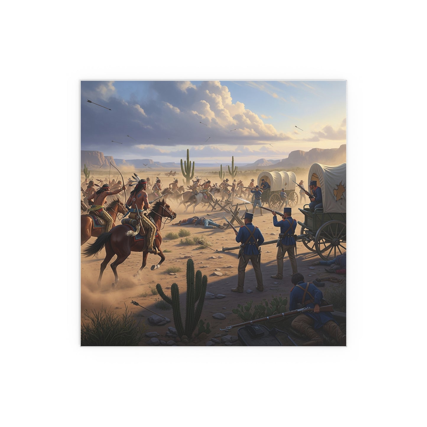 Indoor and Outdoor Silk Posters - Apache Indians attacking a US Army defending a wagon train