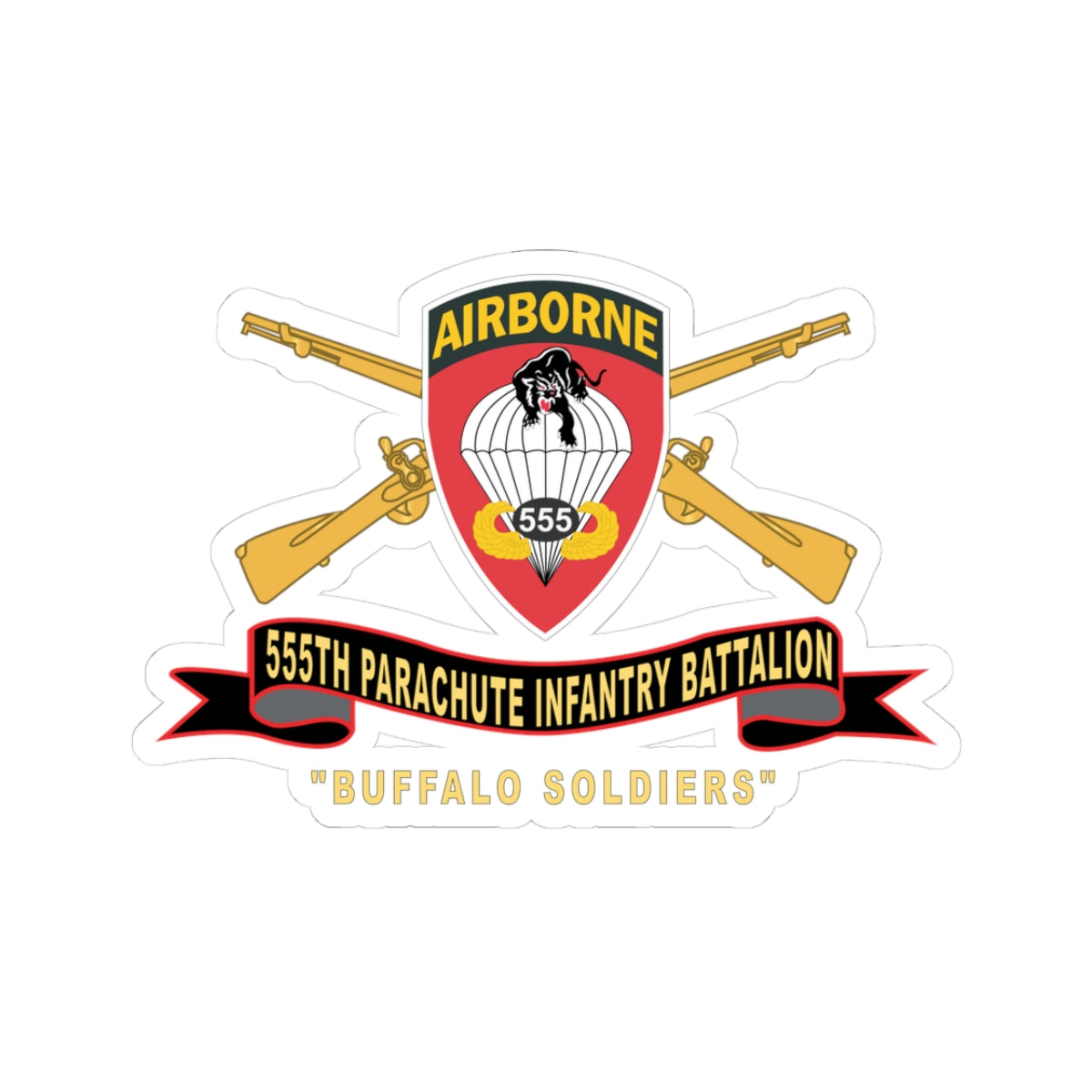 Kiss-Cut Stickers - Army - 555th Parachute Infantry Battalion - SSI - Black - Red Buffalo Soldiers w Br - Rib