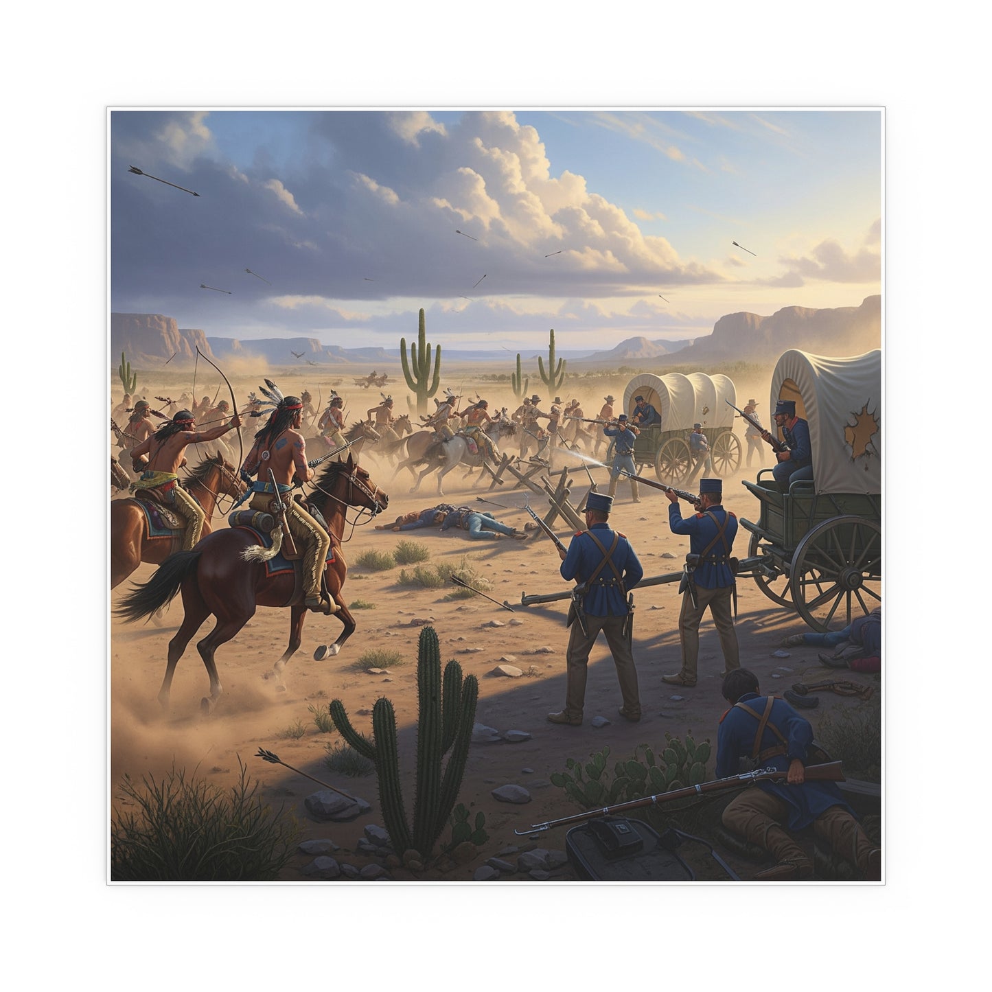 Indoor and Outdoor Silk Posters - Apache Indians attacking a US Army defending a wagon train