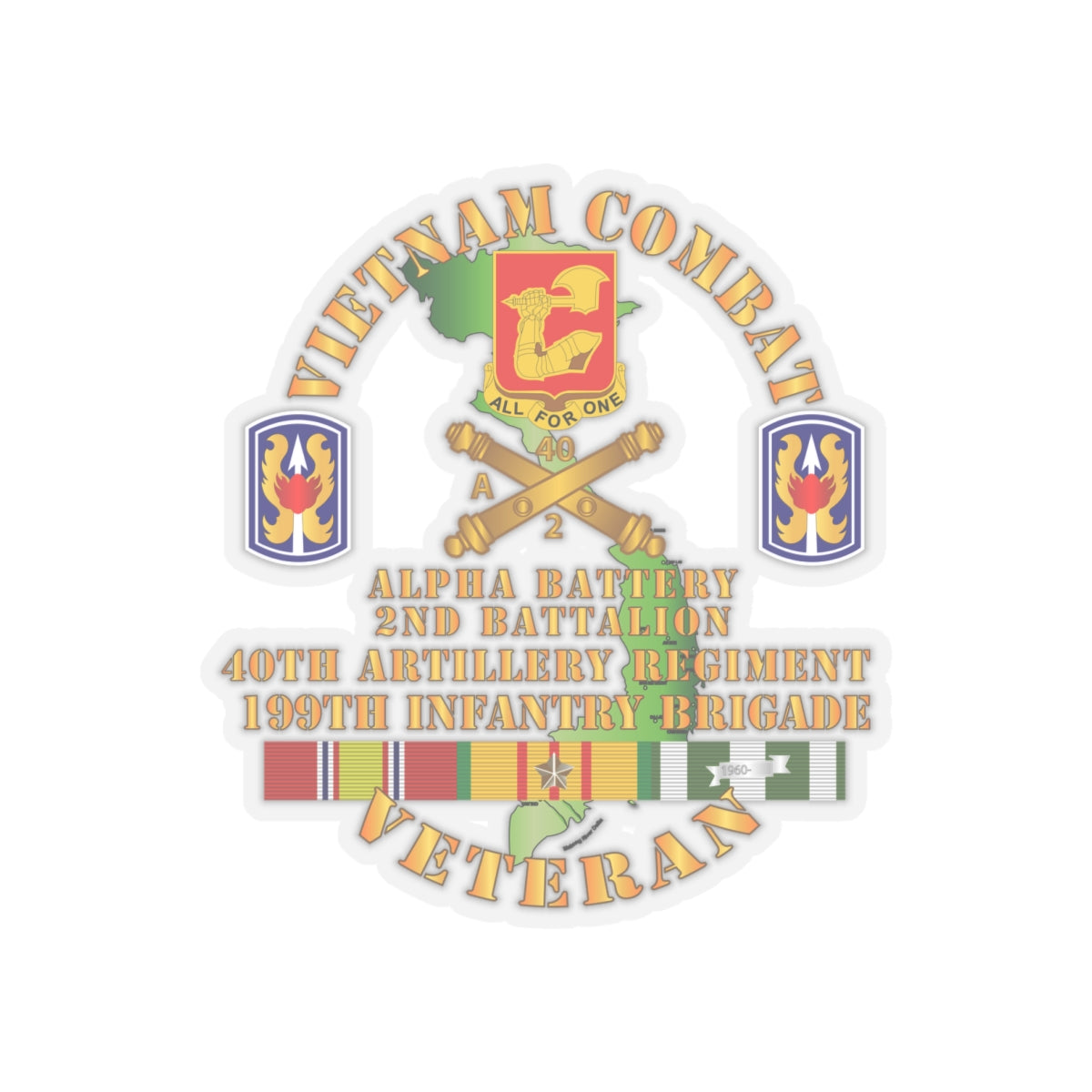 Kiss-Cut Stickers - Army - Vietnam Combat Vet - Alpha Battery, 2nd Bn 40th Artillery - 199th Infantry Bde  - VN  SVC