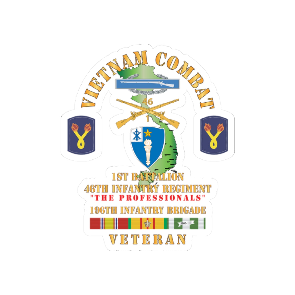 Kiss-Cut Stickers - Army - Vietnam Combat Veteran w 1st Bn 46th Inf Regt -The Professionals w DUI - CIB - 196th Inf Bde X 300